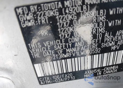 2020 Toyota Rav4 Hybrid Xle from USA, damaged, VIN 2T3RWRFV1LW060592